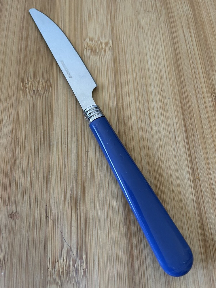 Gibson? Stainless Plastic BLUE Oval Tip SERRATED DINNER KNIFE 8” EUC