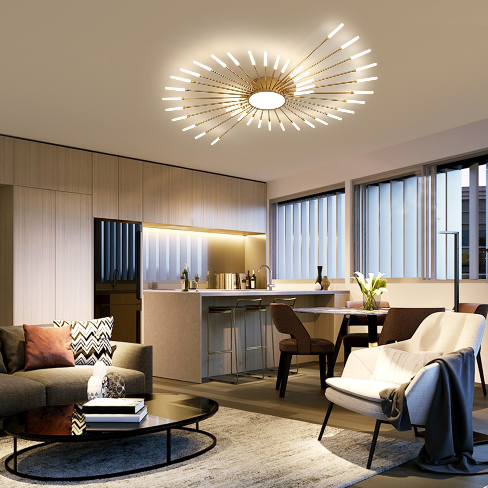 42-Light Fireworks Ceiling Light Modern LED Flush Mount Dimmable APP Remote-Gold