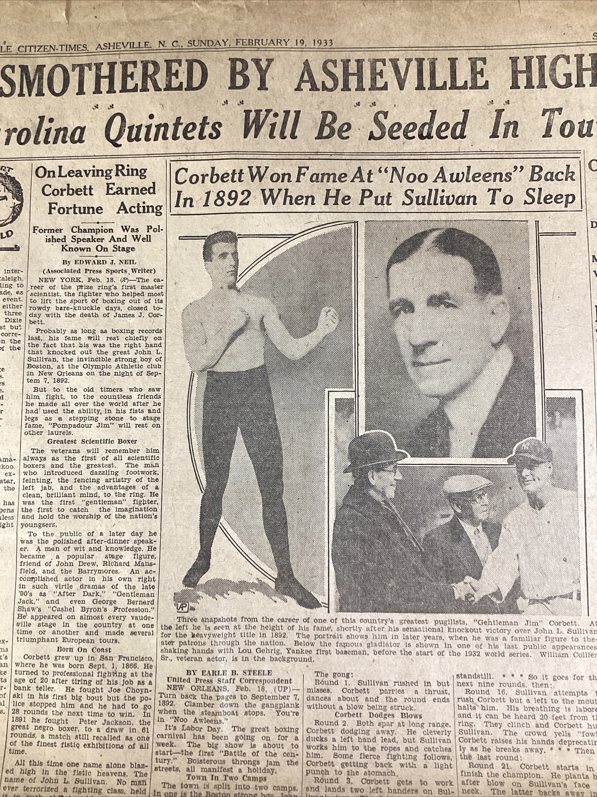 Ashville NC Newspaper Feb 19, 1933 Boxer Jim Corbett Dempsey Lou Gehrig Haverty