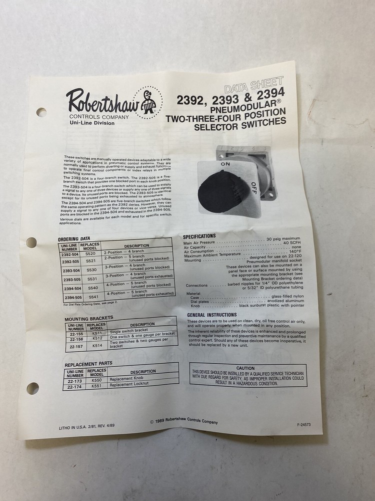 Invensys 2393-504 Pneumodular Selector Switch