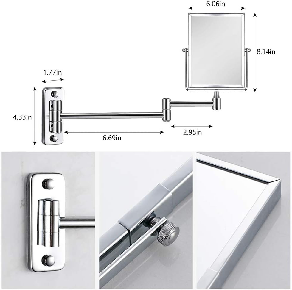 3X Magnifying Wall Mounted Vanity Makeup Mirror Rectangular 8x6 Inch W/
