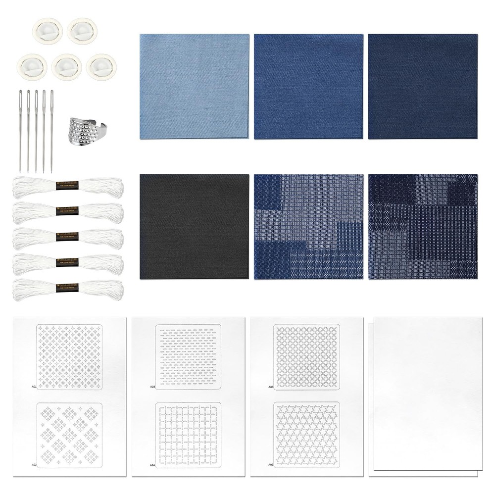 Sashiko Kit, Soluble Stencil Thread and Needles Colourful