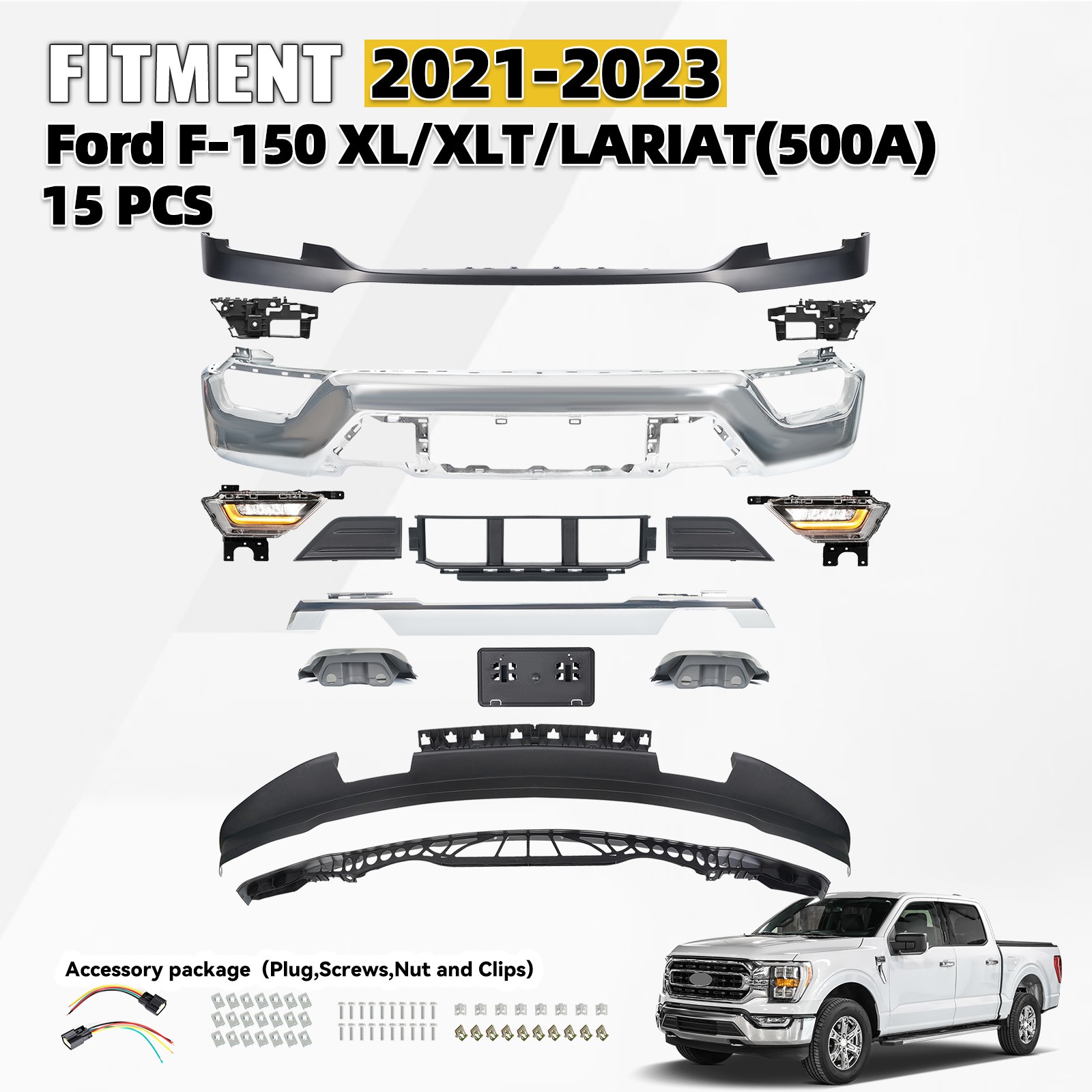 Front Bumper Assembly Kit w/Fog Light 2021 2022 2023 Ford F-150 w/Bracket 13pcs