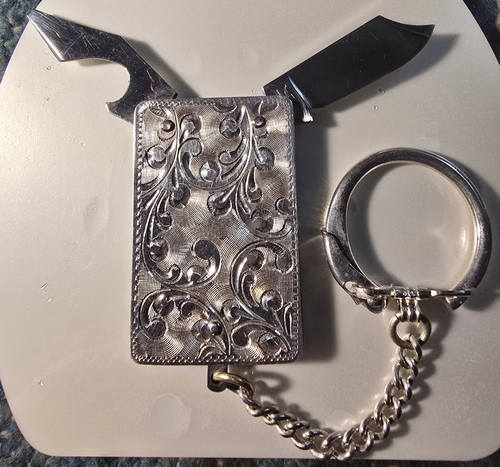 Vintage Engraved Sterling Silver Pocket Knife Keychain Bottle Opener