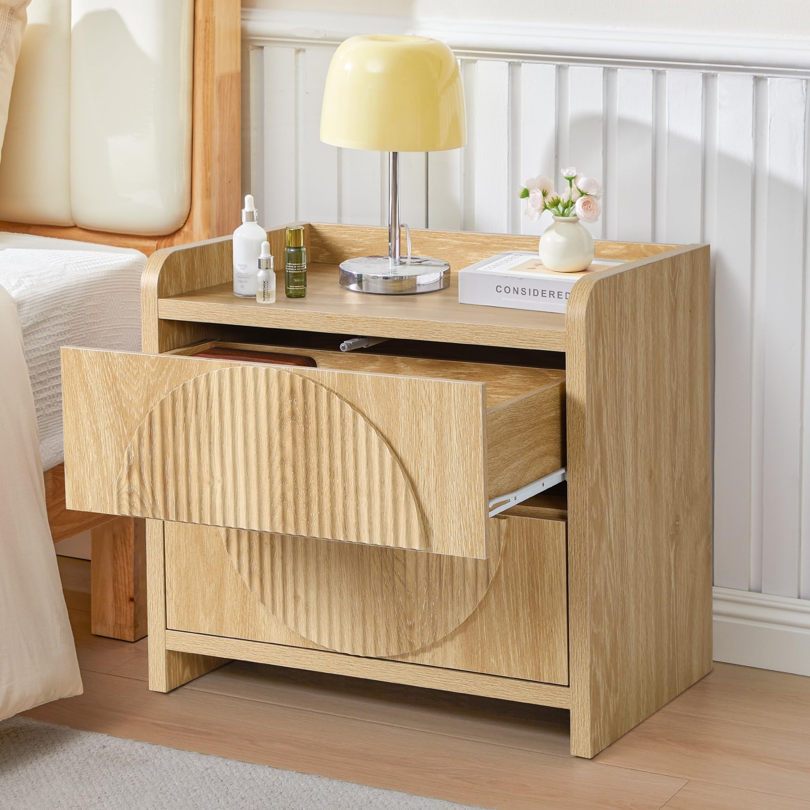 24 Inch Wide Fluted Nightstands Large Night Stand with 2 Drawers