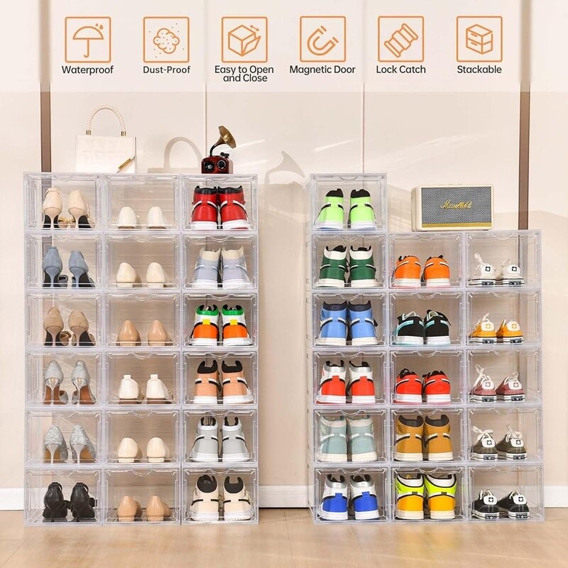 Clear Plastic Shoe Storage Box 8 Pack Stackable Organizer W/ Drop Front Design