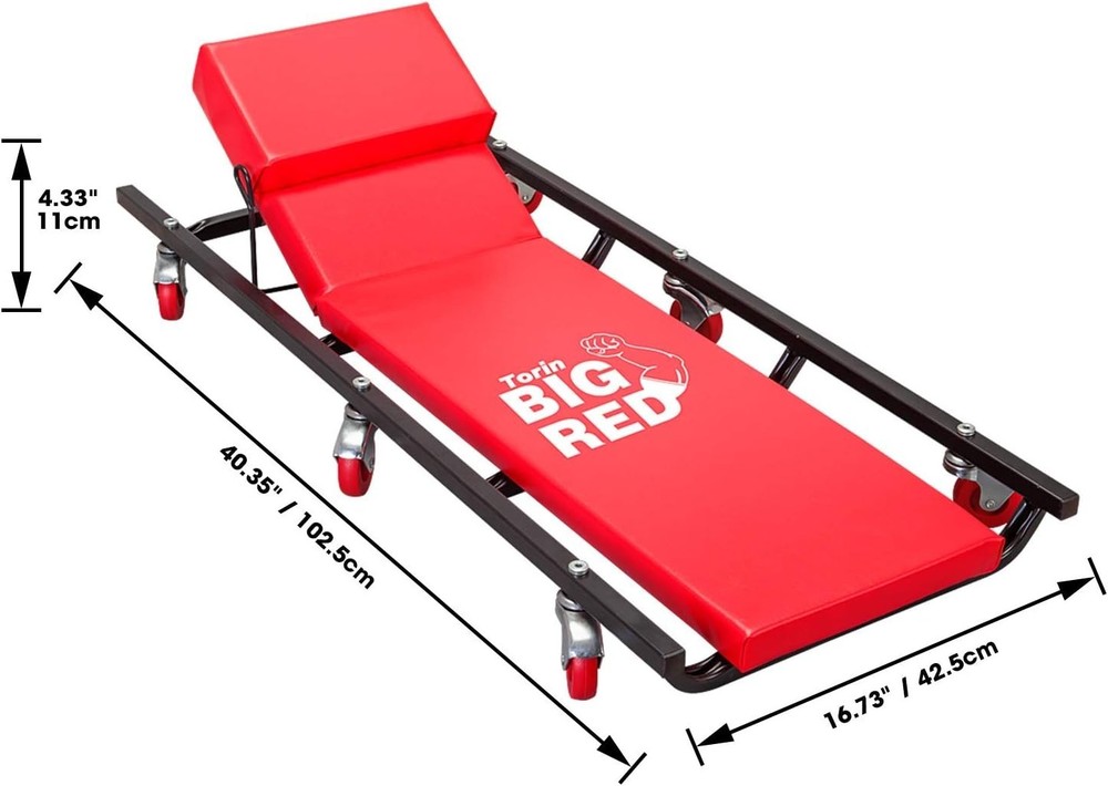 Durable 40" Red Rolling Shop Creeper with Cushioned Headrest & Smooth Mobility