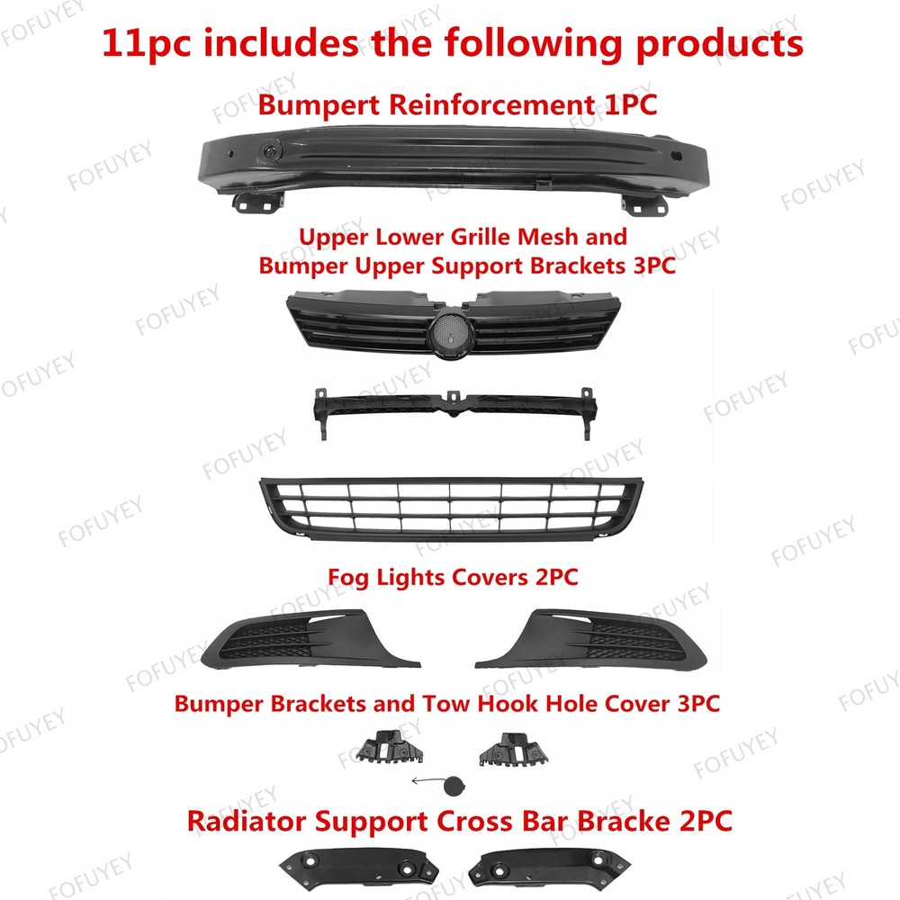 For Jetta 2011-14 Front Upper Lower Grilles/Bumper Reinforcement & Brackets Kit
