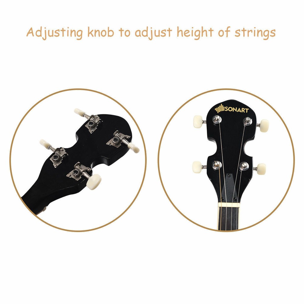 Sonart 5 String Geared Tunable Banjo 24 Brackets Closed Back Remo Head w/ Case