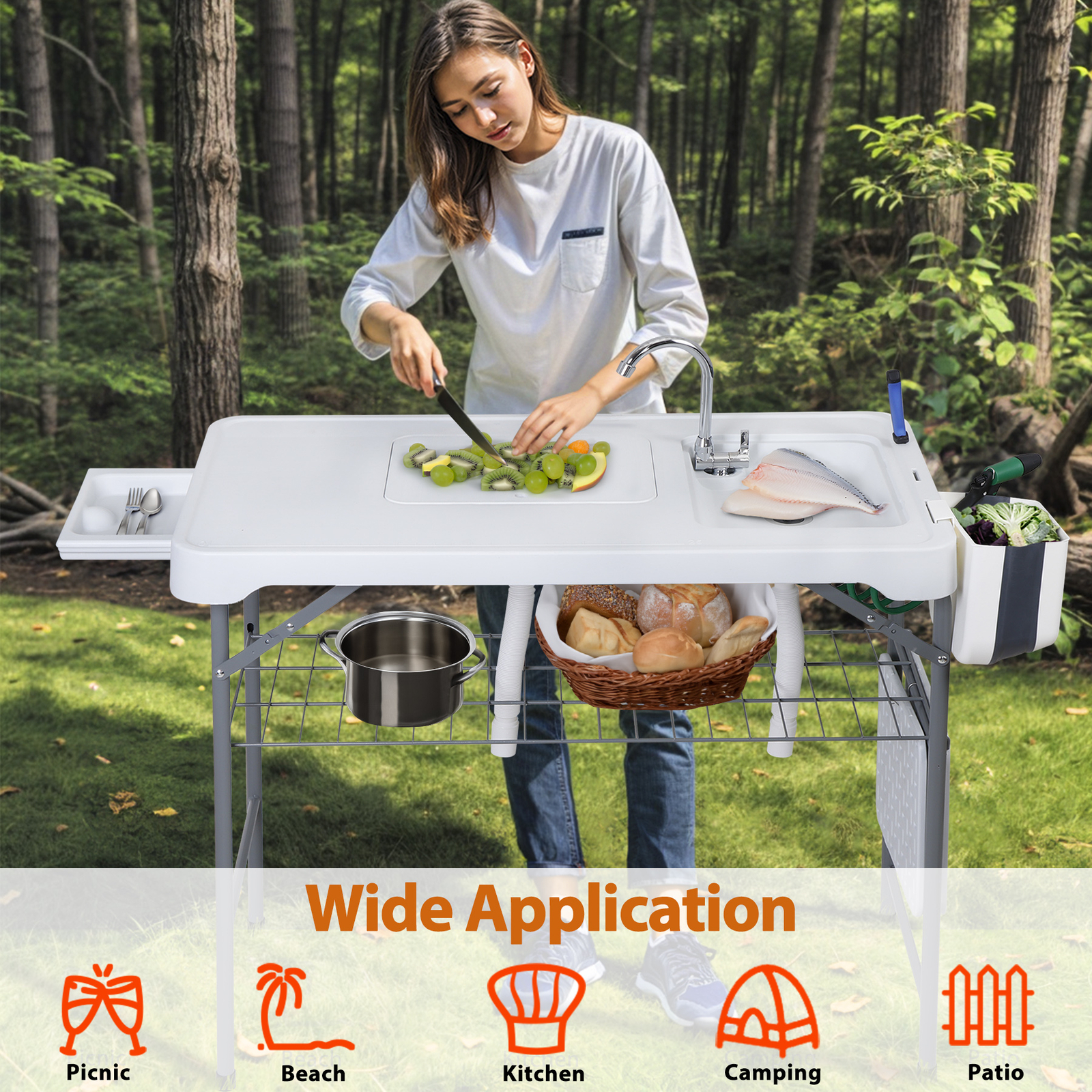 Fish Cleaning Table with Sink 42.6" Width Portable Folding Camping Table Patio