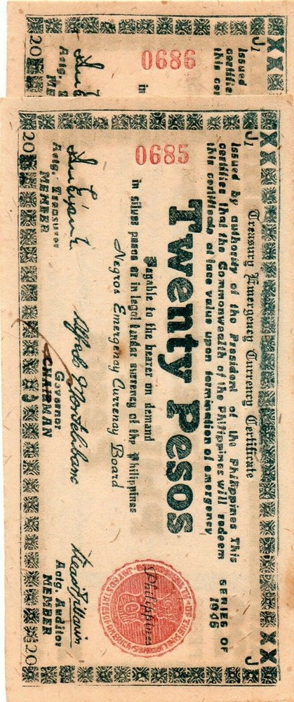 PHILIPPINES Negros Emergency Note 1945 20 Pesos S685 UNC 2 Notes In Sequence