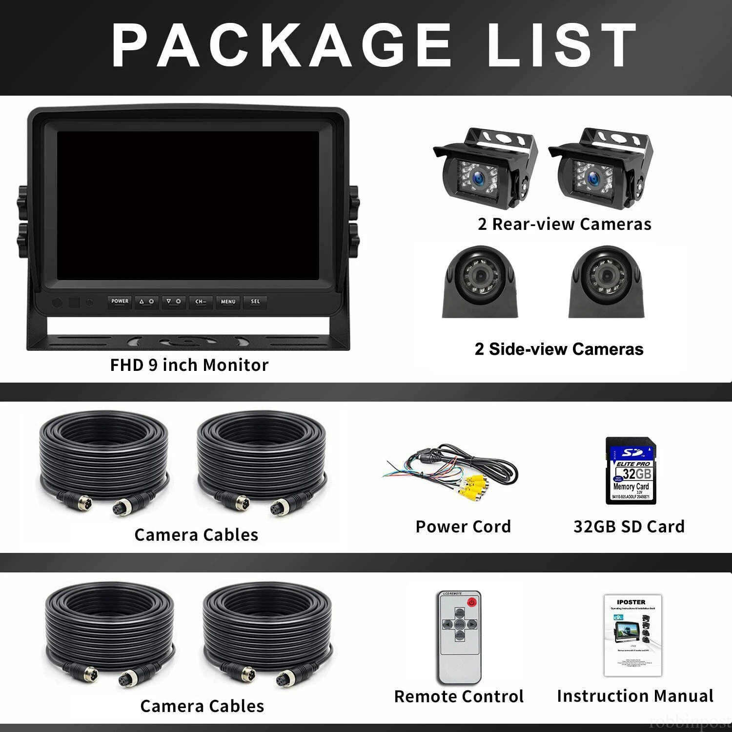 Panorama 9" QUAD Monitor DVR 4x 1080P Backup Cameras + for RV Truck Trailers