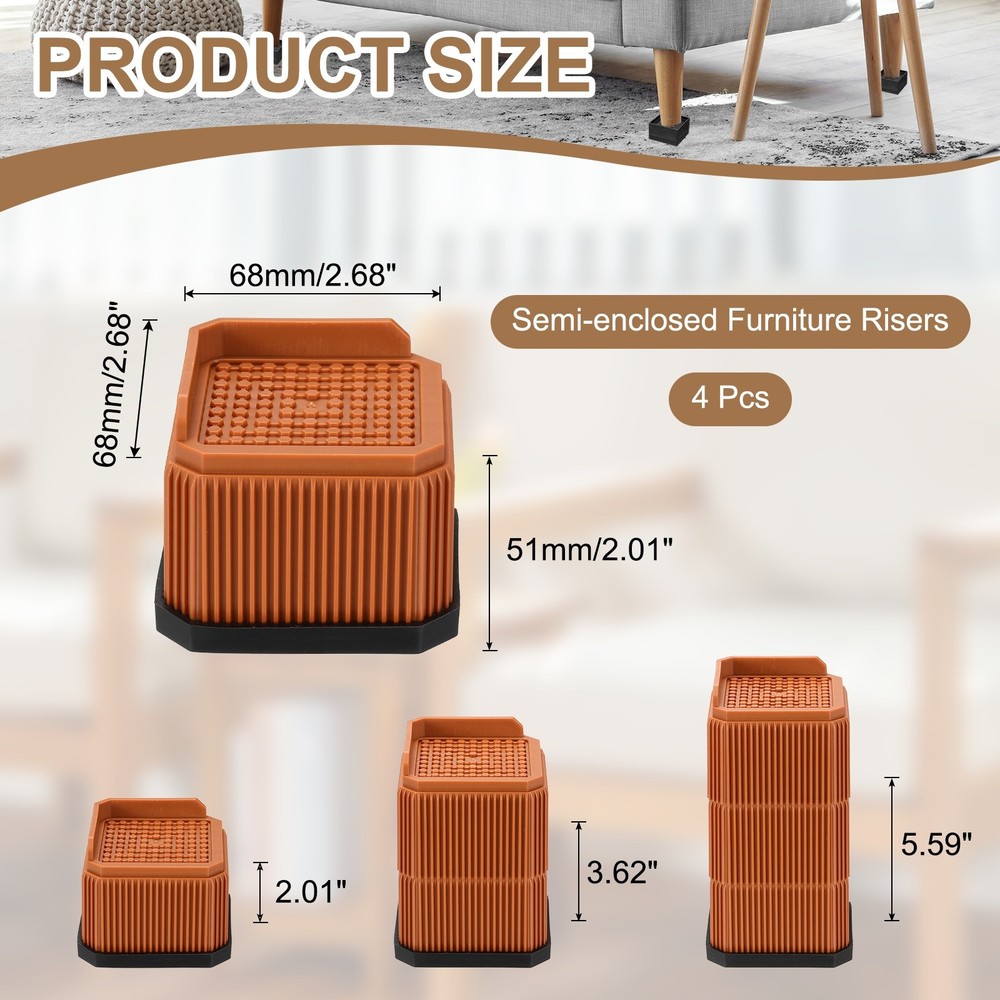 Bed Risers, Square Heavy Duty Stackable Lift Block to 2 Inch, Brown