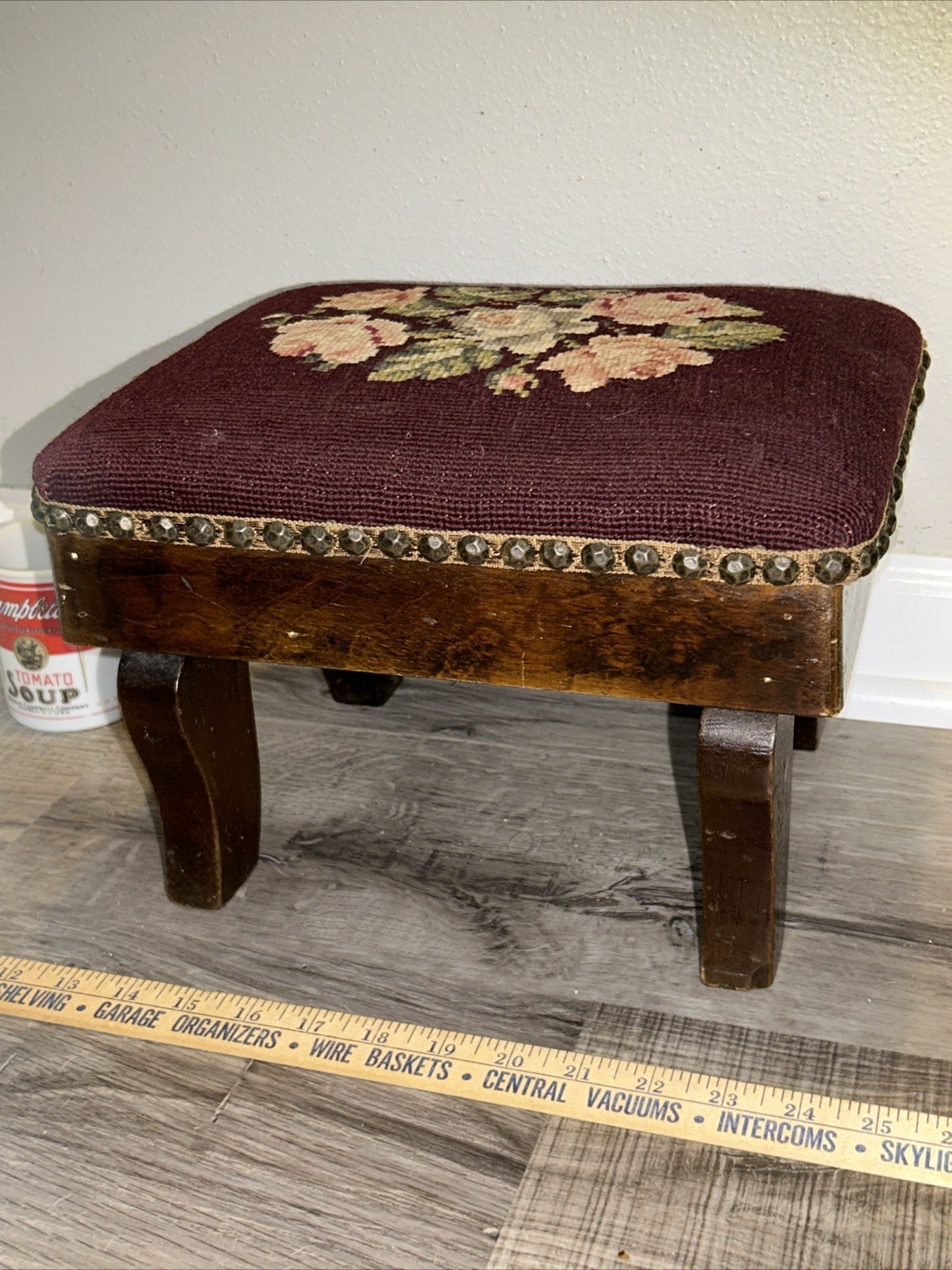 19thC Antique Victorian Stud Accents Footstool Floral Needlepoint Carved Walnut*
