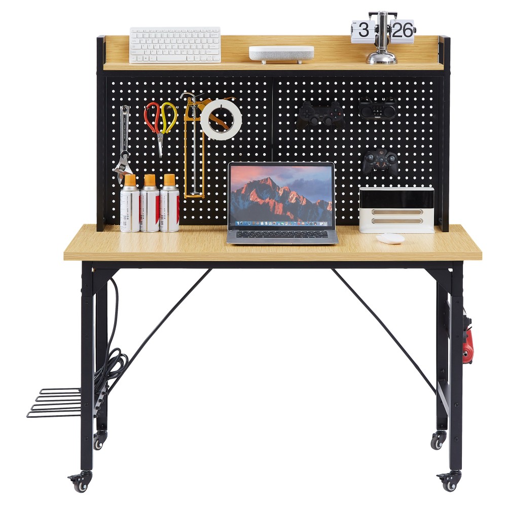 48" Adjustable Rolling Workbench w/ Pegboard, Outlets & Shelves - Wood Top