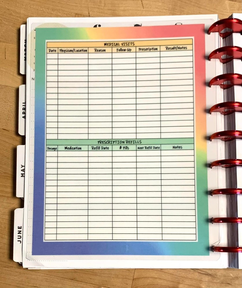 Medical History Tracker Dashboard Insert for use with Classic Happy Planner~