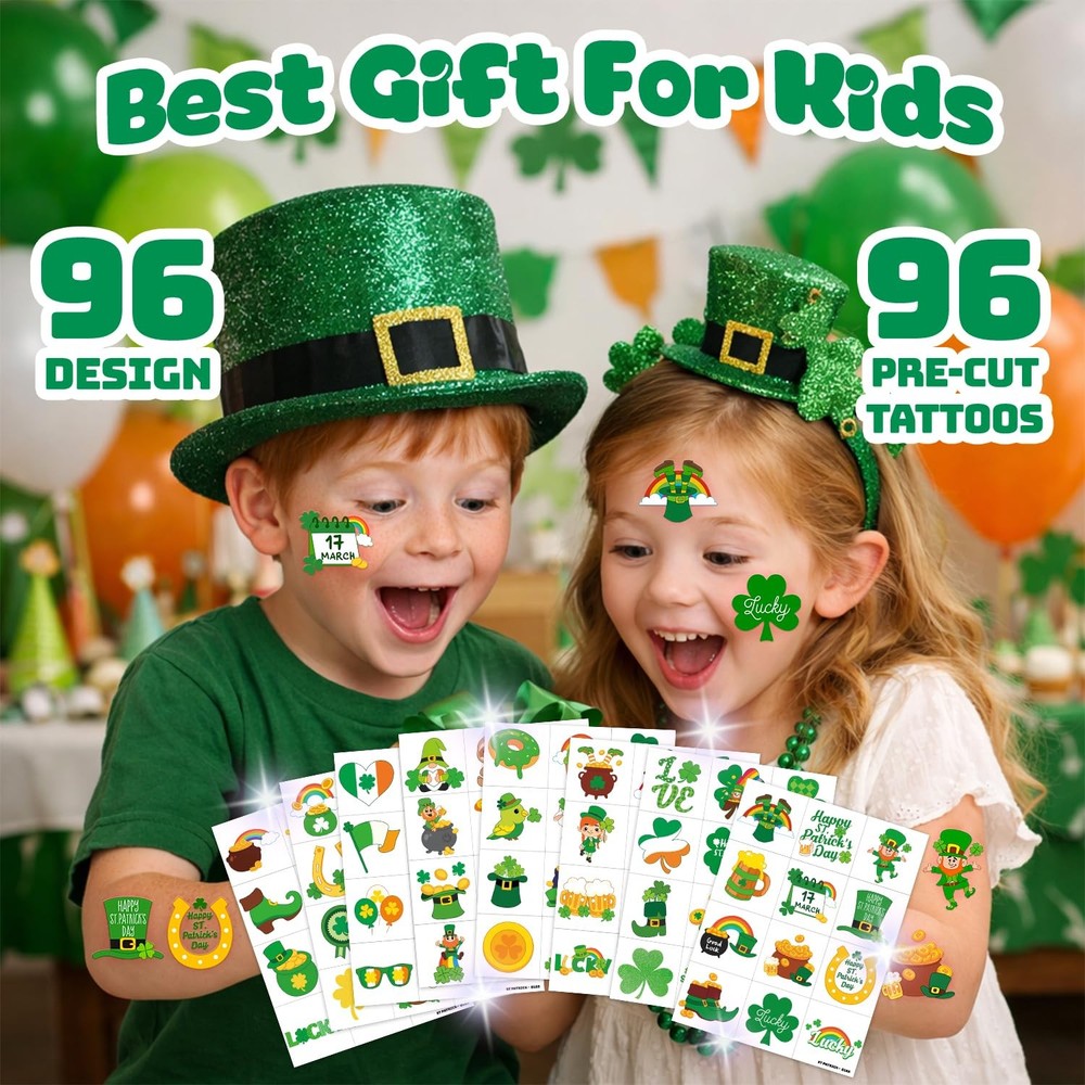 96 PCS Saint Patricks Day Shamrock Pre-Cut Temporary One Size, Multiple