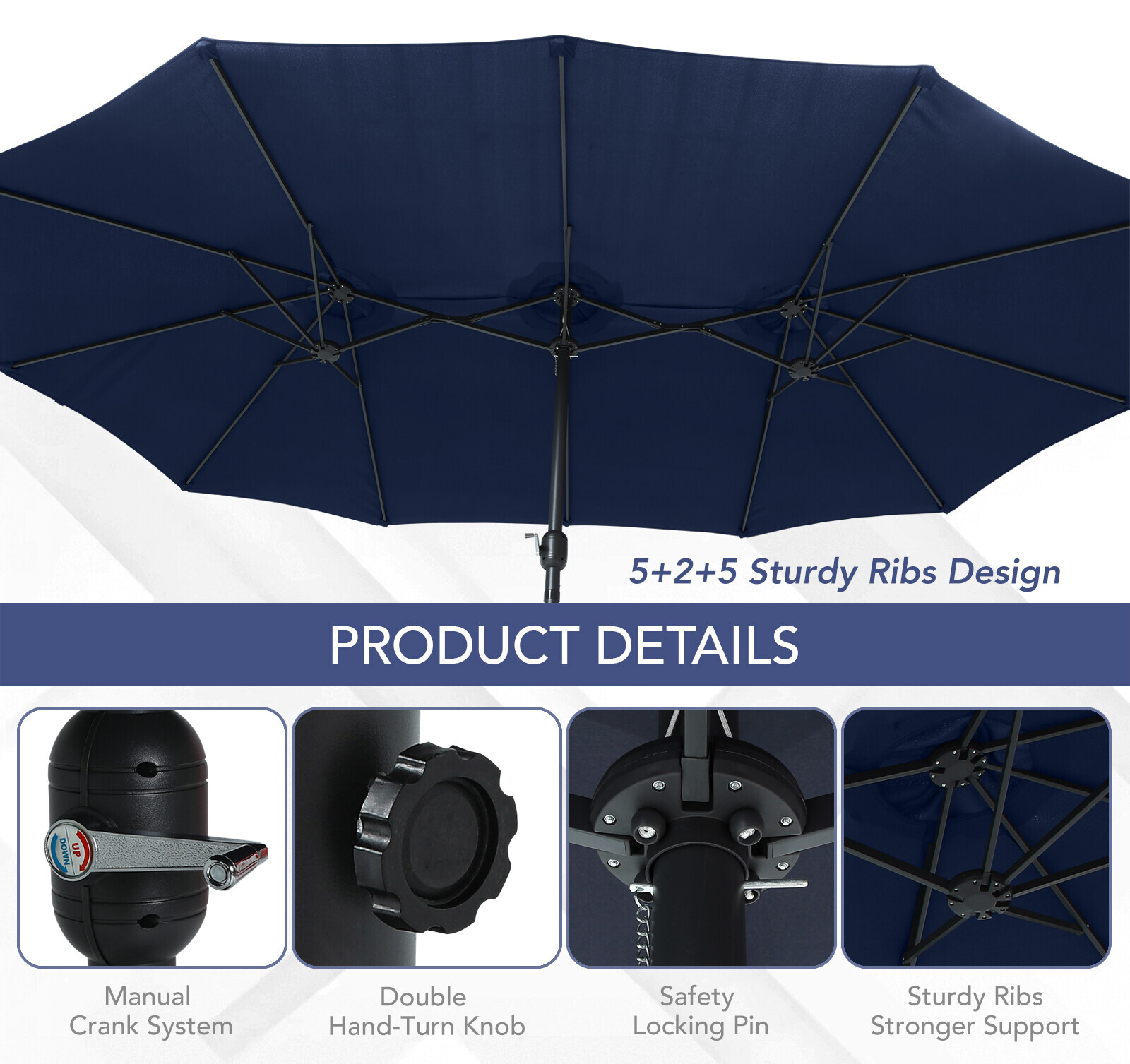 15FT Double-Sided Outdoor Sun Shade Backyard Patio Umbrella Blue w/ Crank & Base