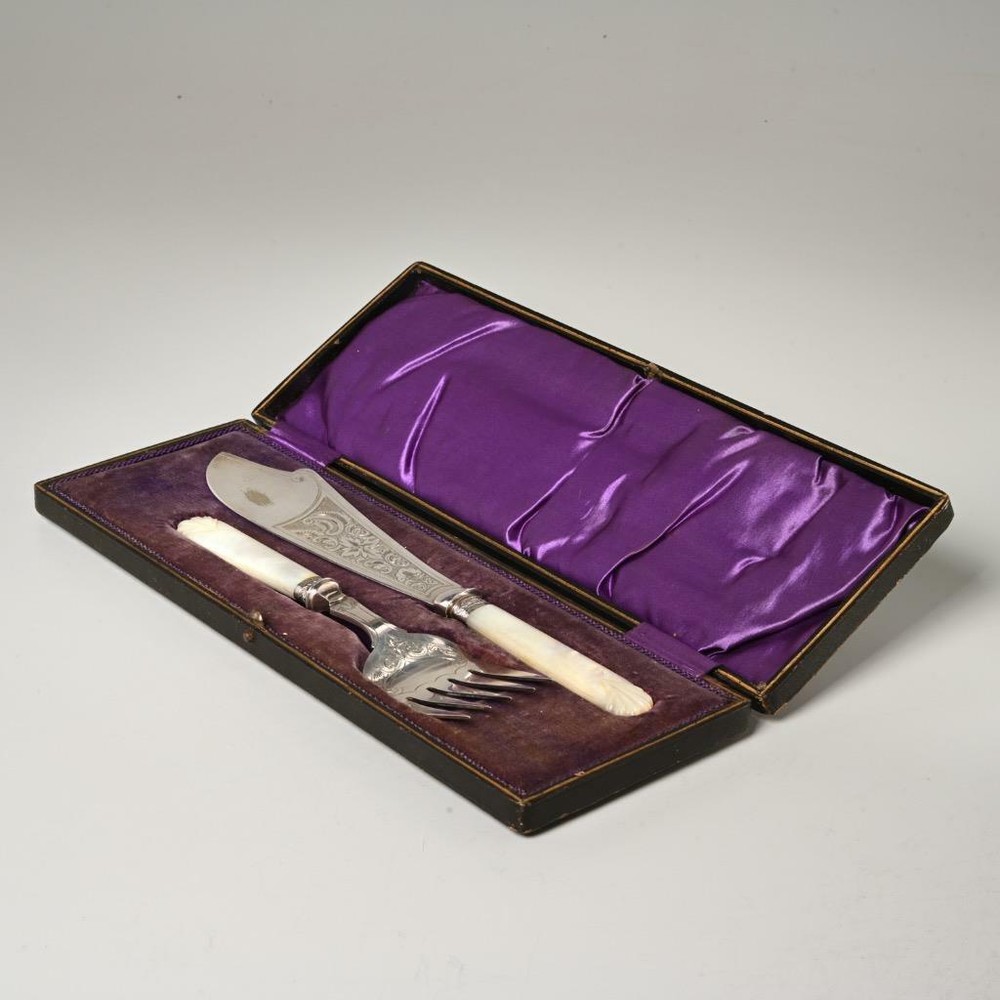 Sheffield Etched Fish Knife Fork Serving Set Mother Of Pearl Handles Antique