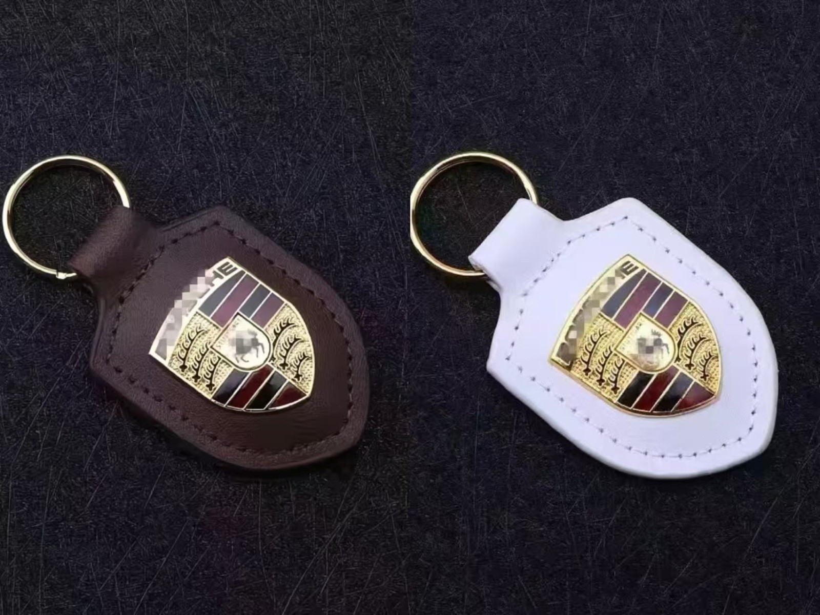 2X Porsche Crest Leather Keyring Keychain Fob - white brown Brand New