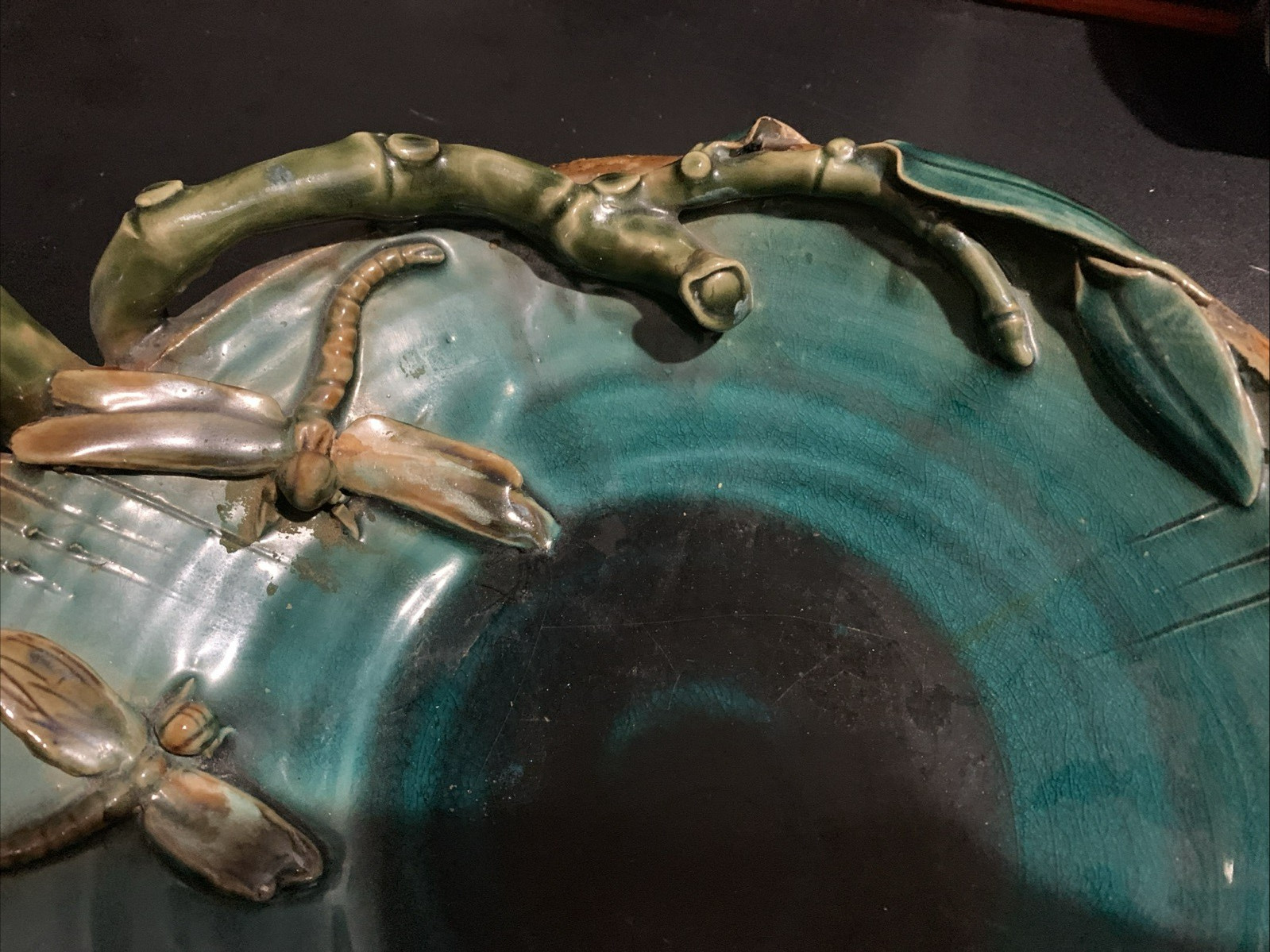 Vintage Mission Style Pottery Dragonfly Collectable Art Pottery Green Bowl 11"