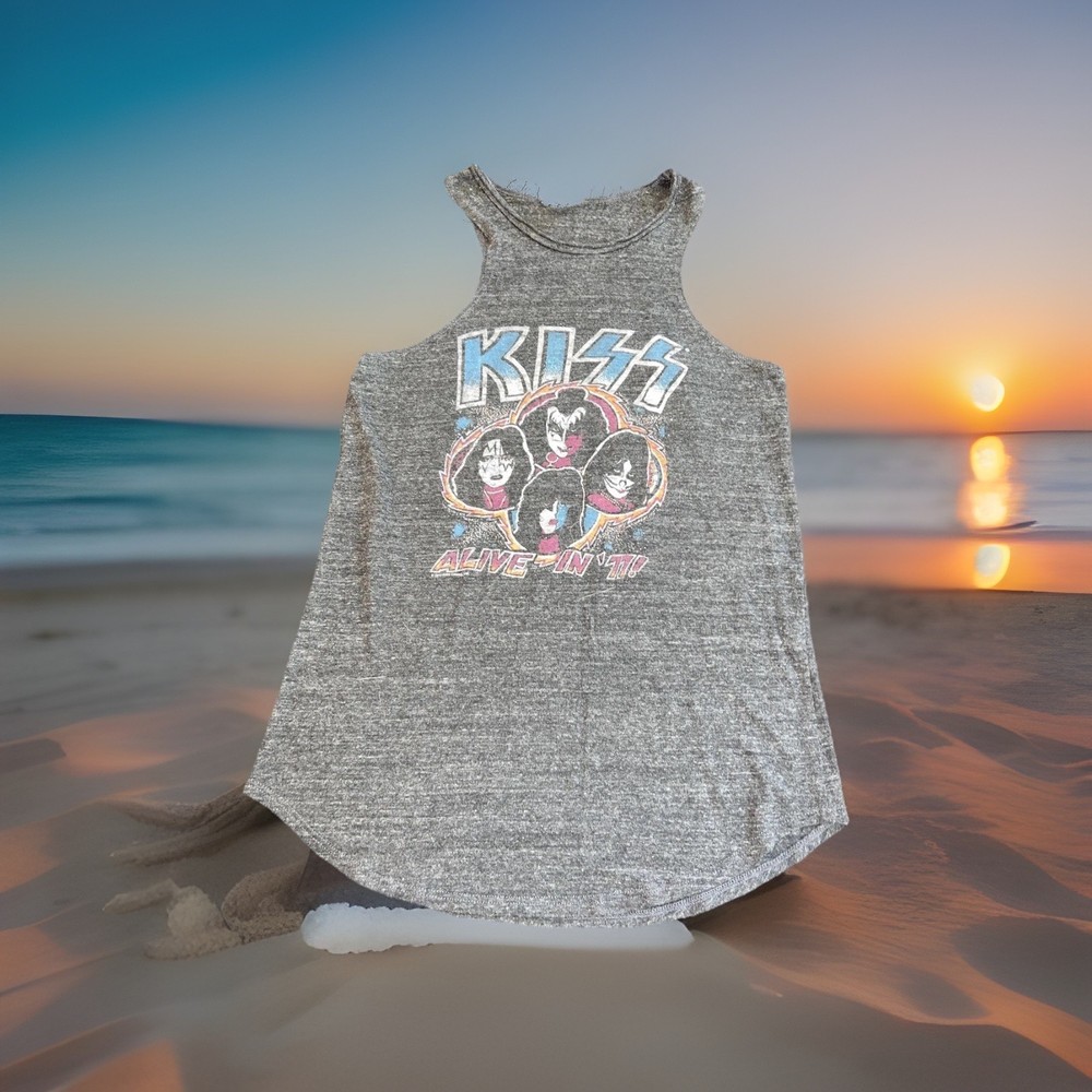 Women’s Vtg KISS’s Band ‘Alive In ‘77!’ 1977 Junk Food Tank Top Shirt Large Gray