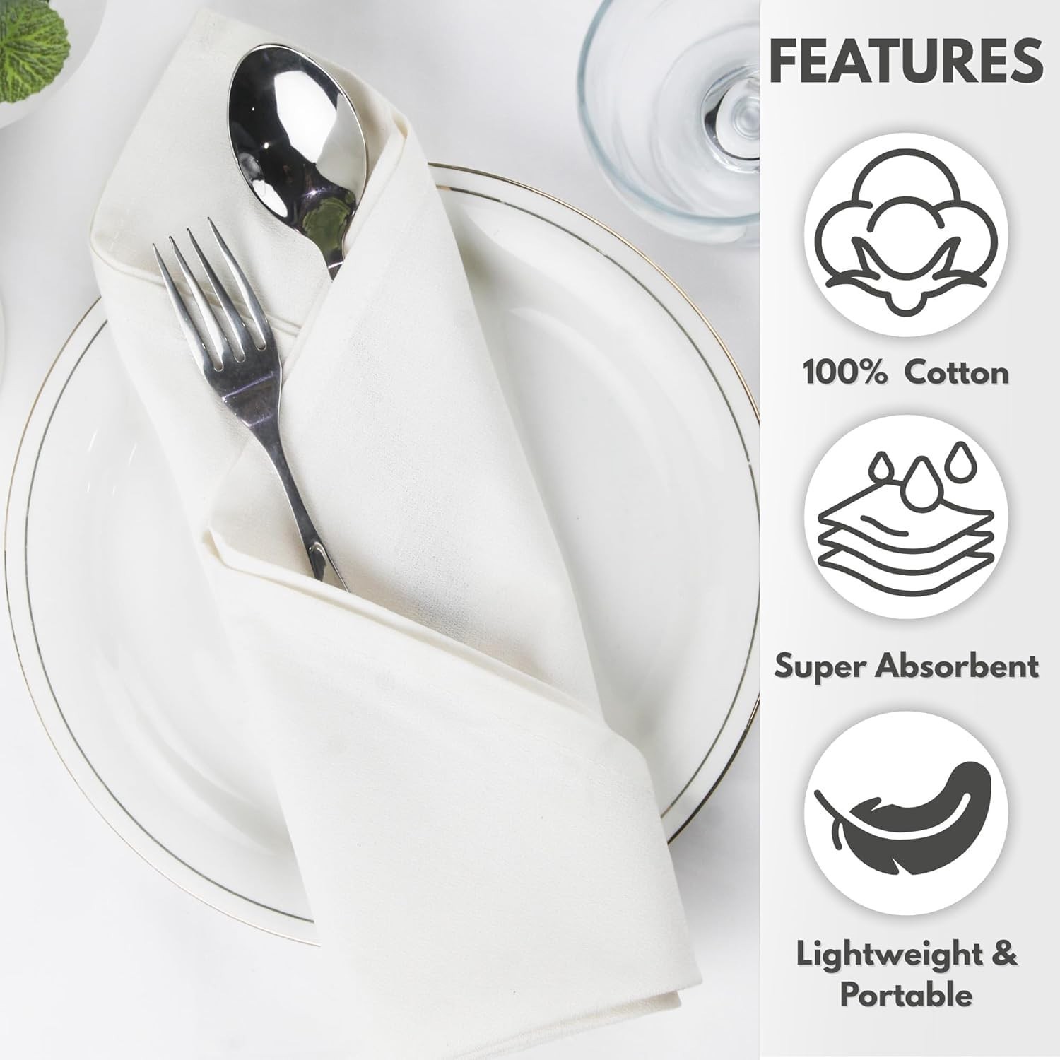Plain White 100% Cotton Dinner Cloth Napkins - Set Of 12 (20 X 20 IN)