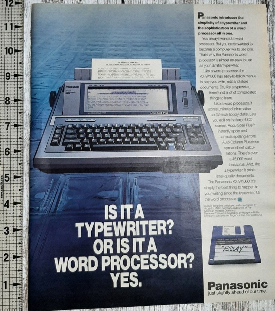 1989 Panasonic Vintage Print Ad Typewriter Word Processor Floppy Disk Technology