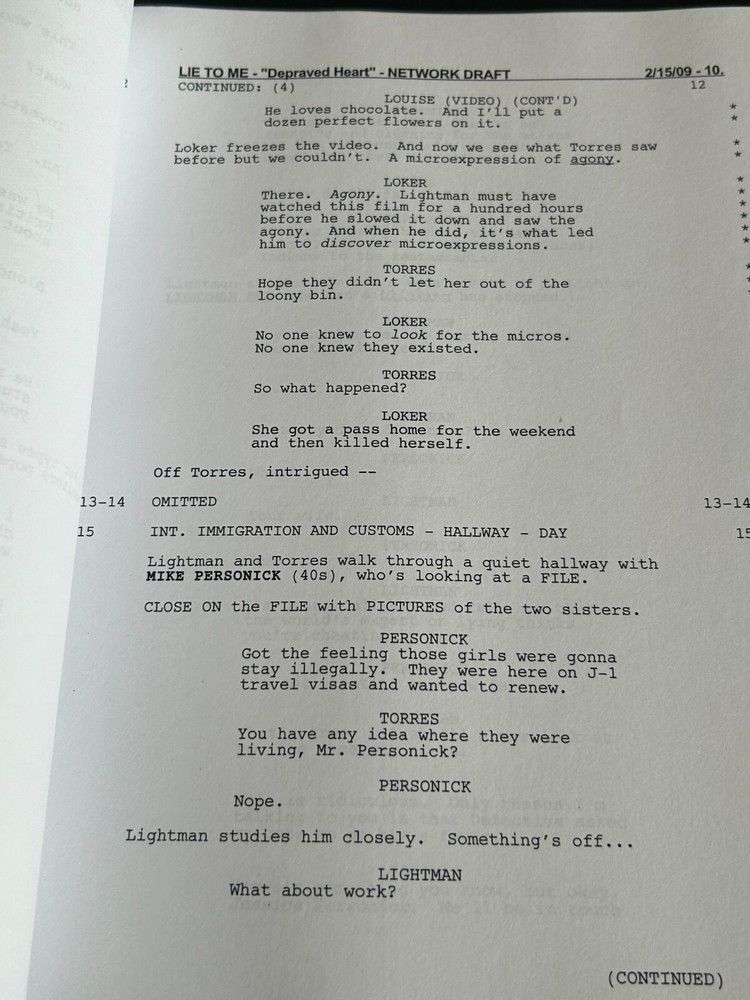 ORIGINAL SCRIPT LIE TO ME DEPRAVED HEART NETWORK DRAFT TIM ROTH WILLIAMS