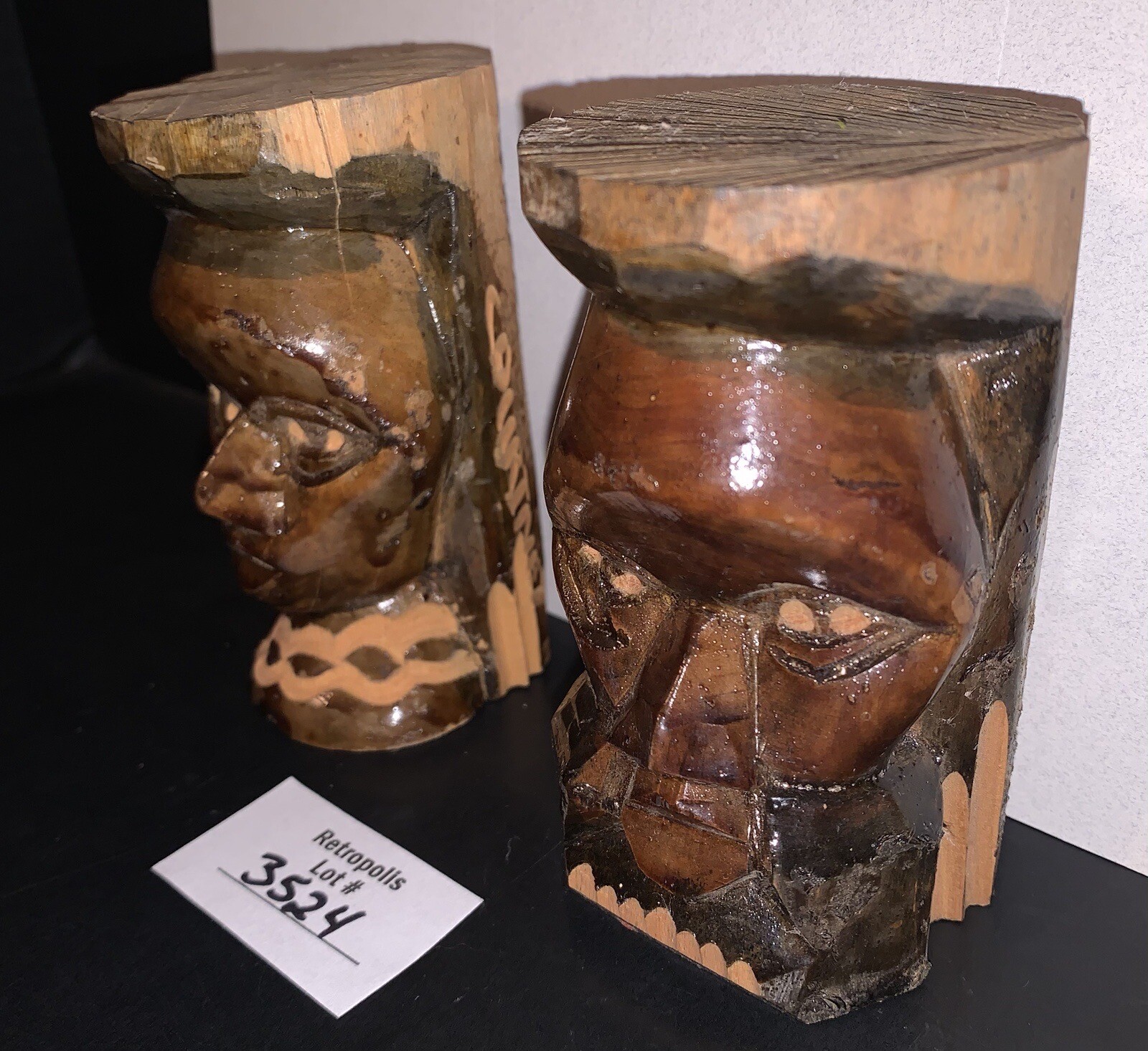 VTG Tribal Wood Totem Head Busts Male Female Hand Carved signed