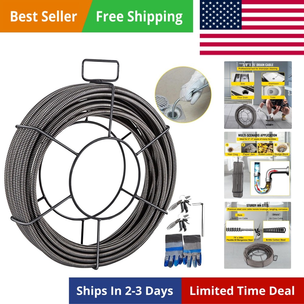 Drain Cleaning Cable 75ft x 3/8 inch Solid Core Cable Sewer Cable, Drain Auge...