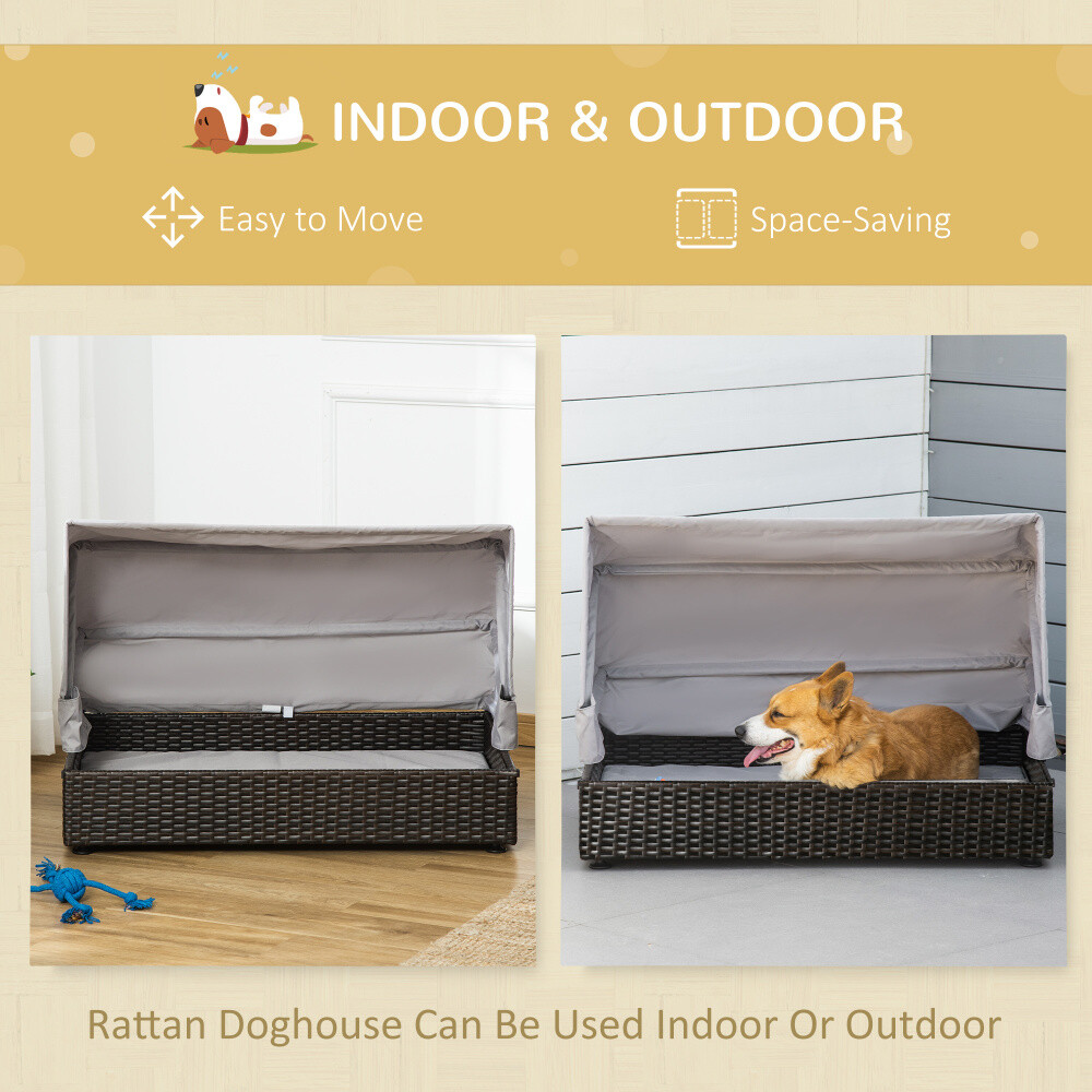 Rattan Dog Bed, Elevated Pet Sofa with Foldable Canopy for Small/Medium Pets