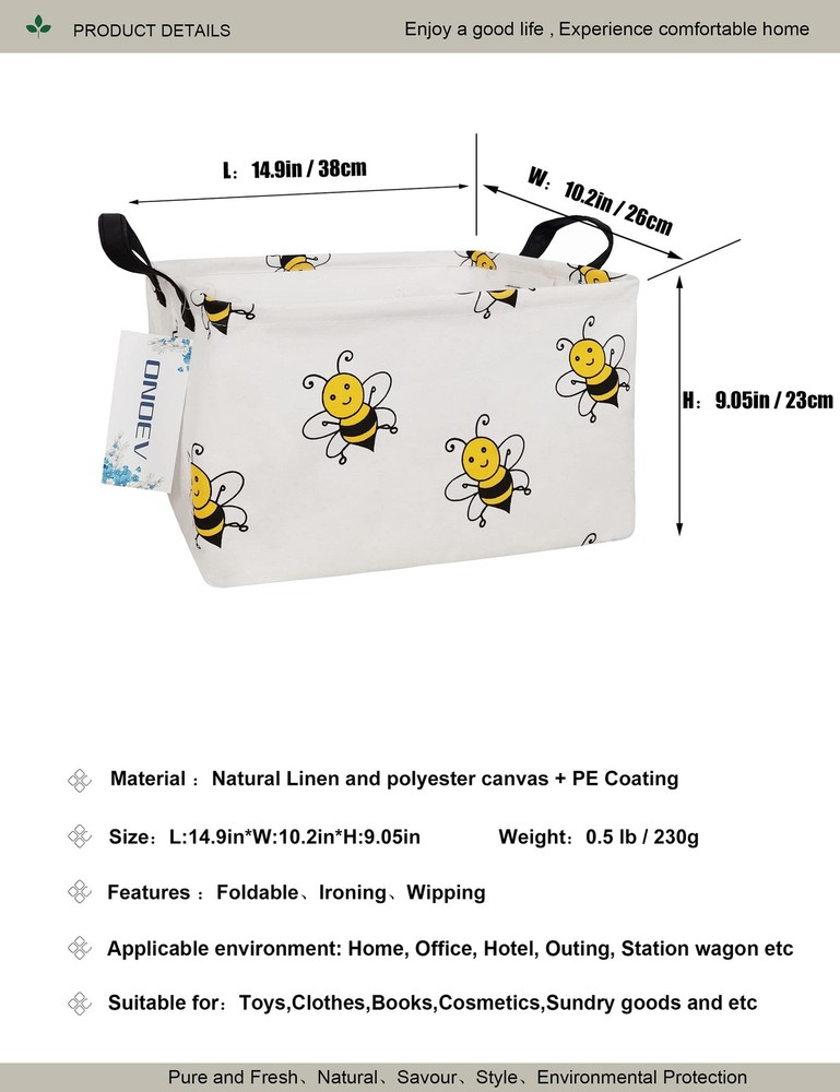 Rectangular Bee Storage Basket,Collapsible Storage Bin for Nursery,Cute Bee S...