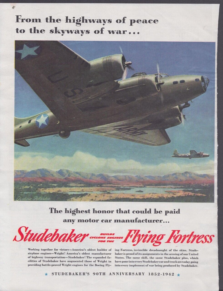 1942 Print Ad Studebaker Flying Fortress Cyclone Engine WWII Frederic Tellander