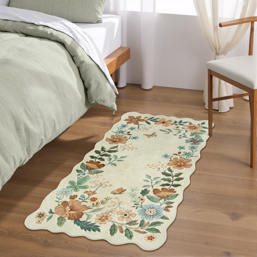 Lahome Floral Entryway Rug, 2x4 Washable Kitchen 2' x 4'（Rectangular）, Beige