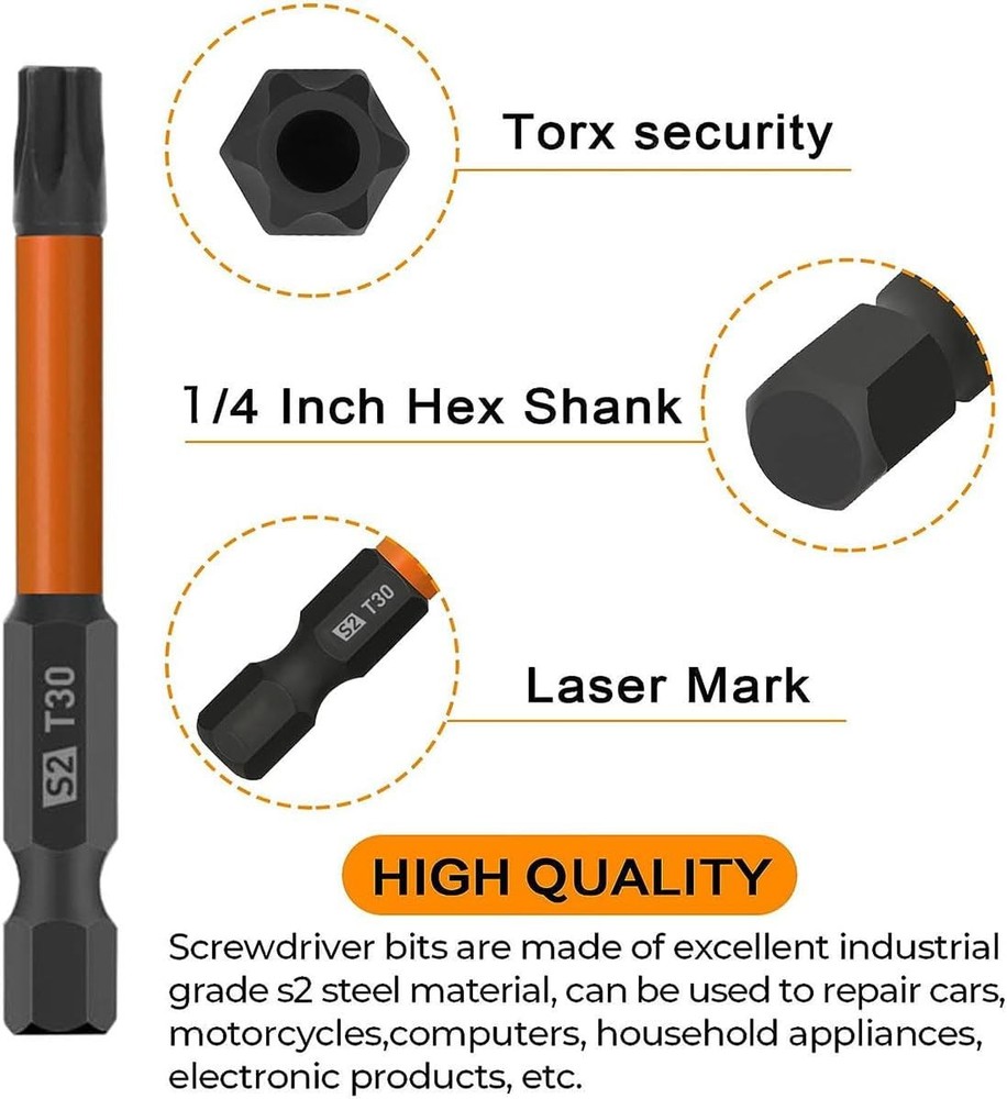 12-Piece Tamper Resistant Torx Bits Set, 60mm Impact Driver Bit Set, Drill Hex B