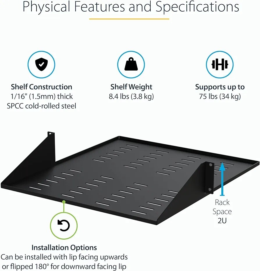 StarTech 2 Post Vented Server Rack Shelf Mount Up to 75 lb. CABSHF2POSTV2