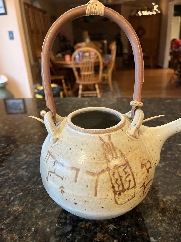 Studio Pottery Teapot with Bamboo Handle Primitive Cave Drawings