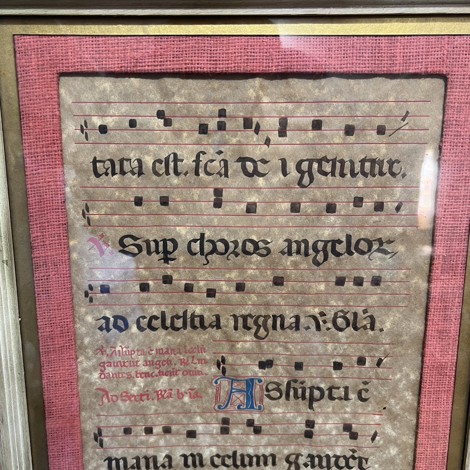 Pair Framed Illuminated Gregorian Chant Music Manuscript Pages Medieval Style