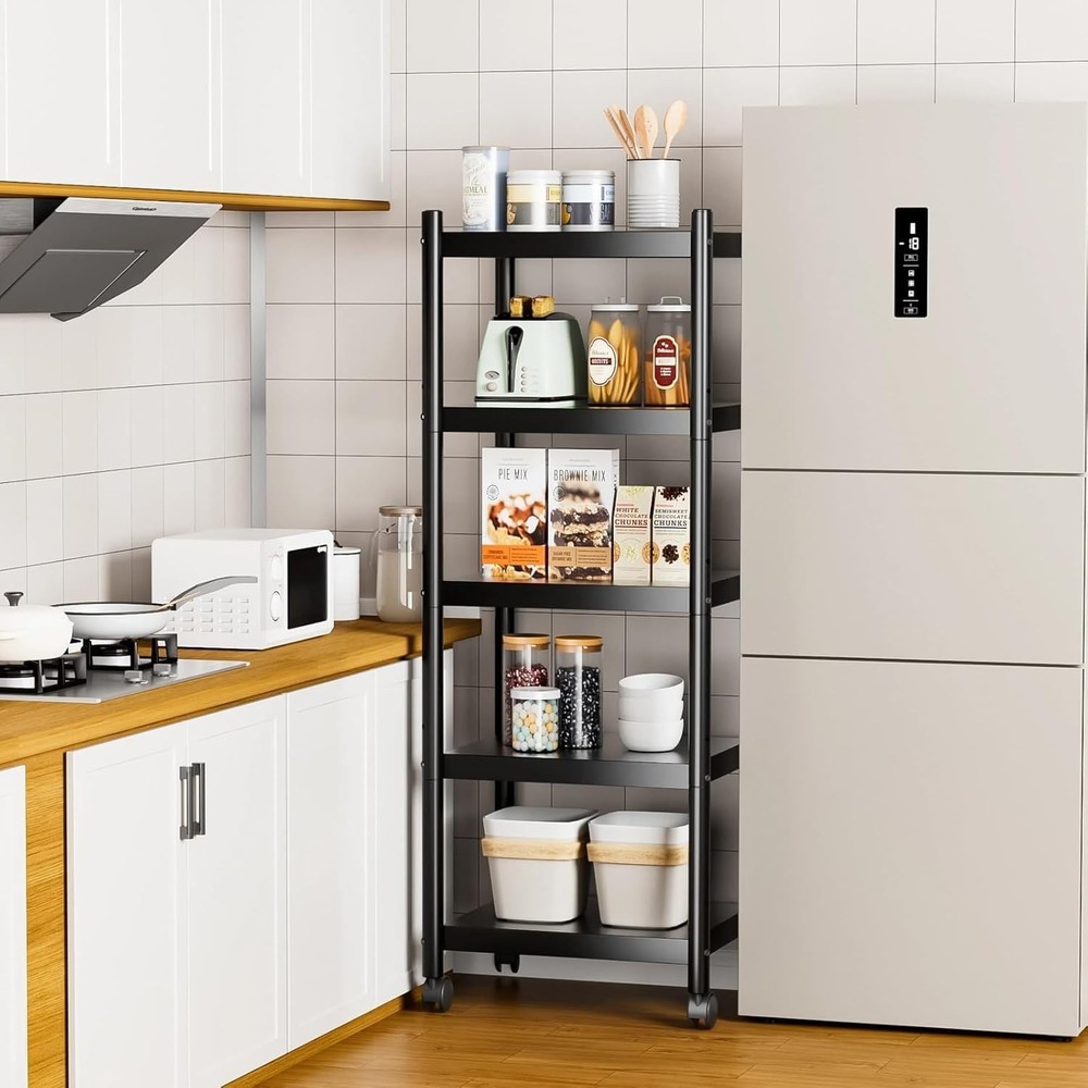 Compact 5-Tier Black Storage Shelves - Rust-Proof Utility Solution with Wheels