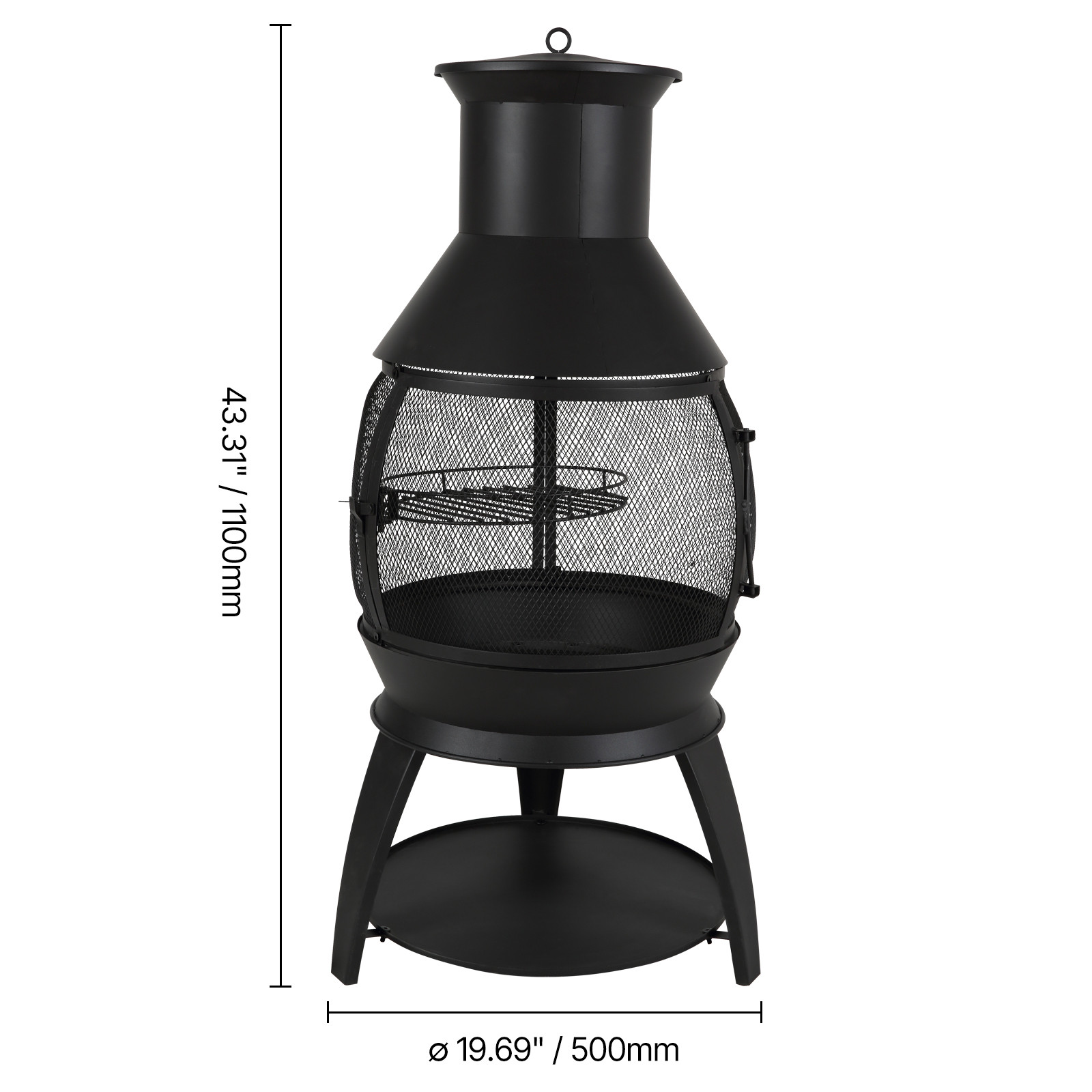 22 In Chiminea Outdoor Wood Burning Iron Firepit with Grill Mesh & Chimney Coat