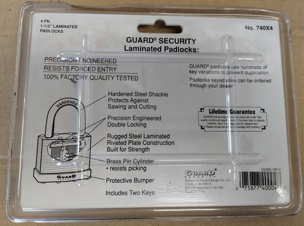 New. Guard Security 4 Pack Padlocks 1-1/2" Laminated, NO. 740X4, Two Keys each