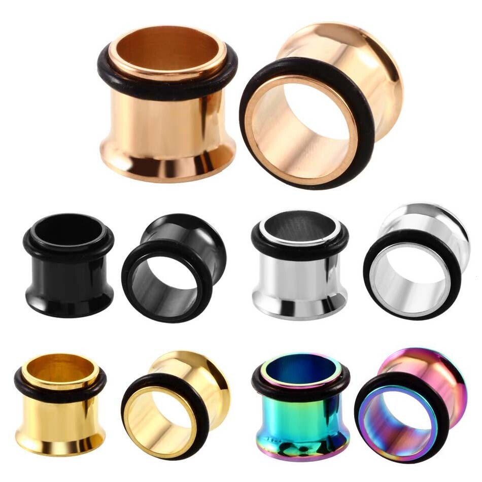 PAIR STAINLESS STEEL FLESH TUNNELS SINGLE FLARED EAR GAUGES PLUGS W/O-RINGS