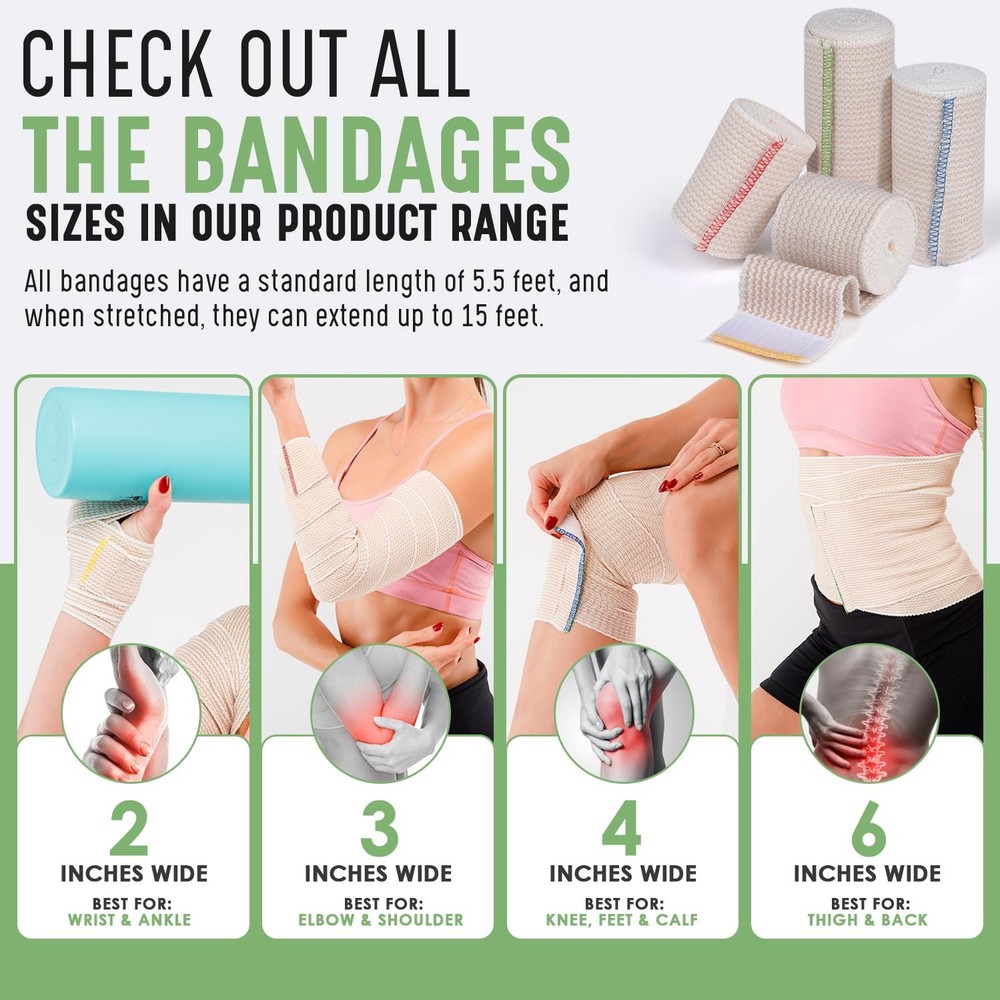 Premium Elastic Bandage Wrap (6" 4 Pack) - Hook & Loop Fasteners at Both Ends...