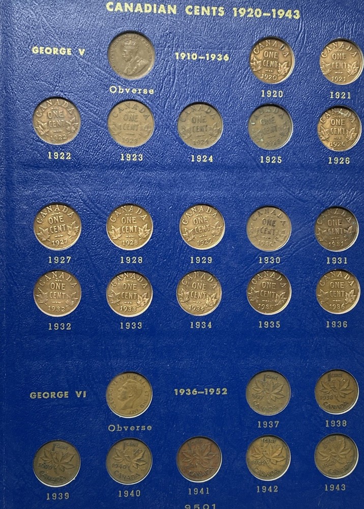 Complete 1920-1963 Canada Small Cent Collection, Mixed Grades & Cleaning. H-089