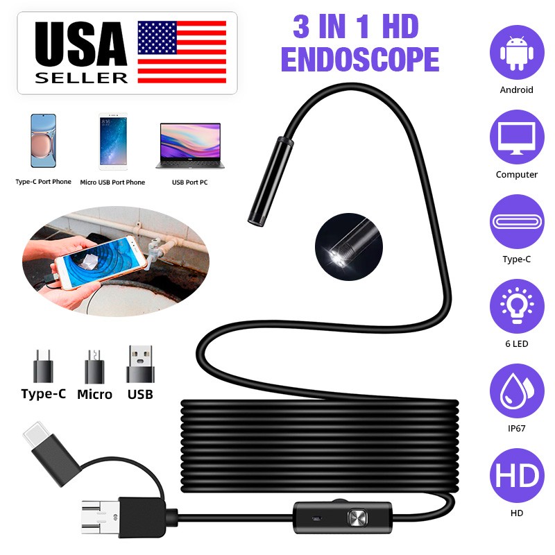 USB Type C Endoscope Borescope Snake Inspection Camera 3 in 1 for Android System