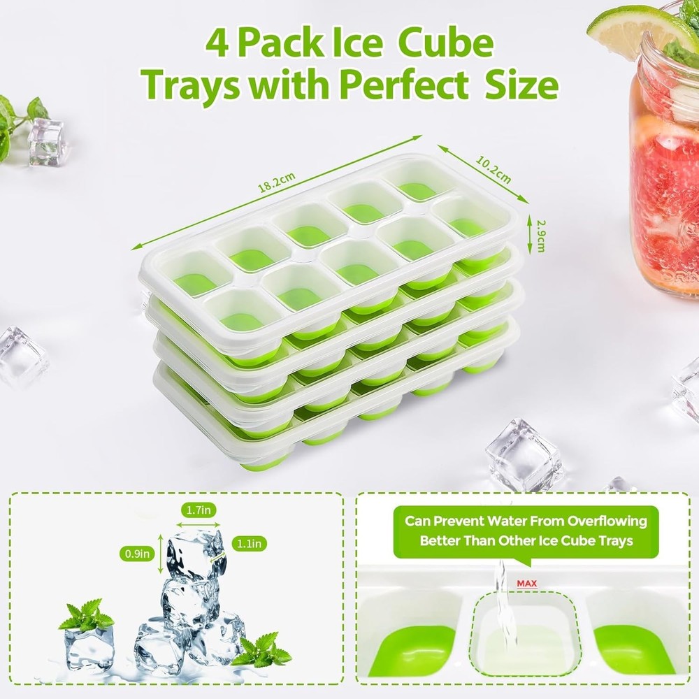 Versatile Stackable Ice Cube Tray Set with Spill-Proof Lids - 4 Silicone Trays