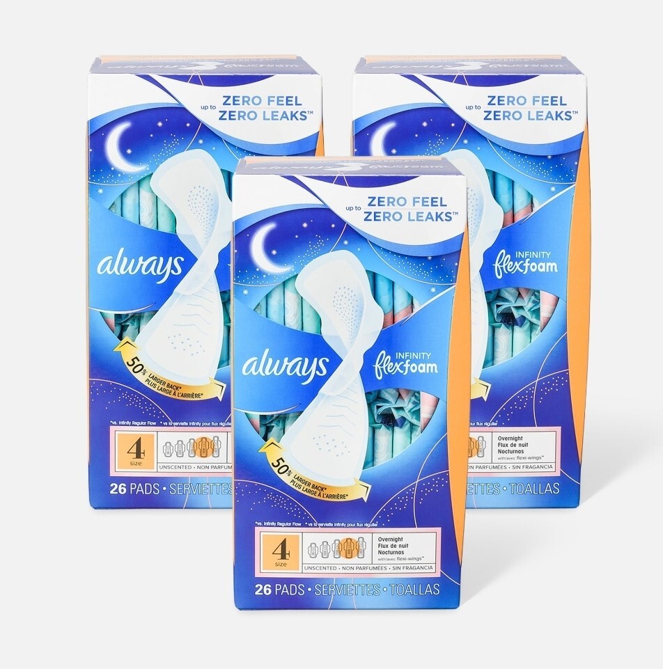 3 Pack 26 Always INFINITY FLEX Foam Maxi Pads 78 CT Size 4 Absorbant w/ Wings