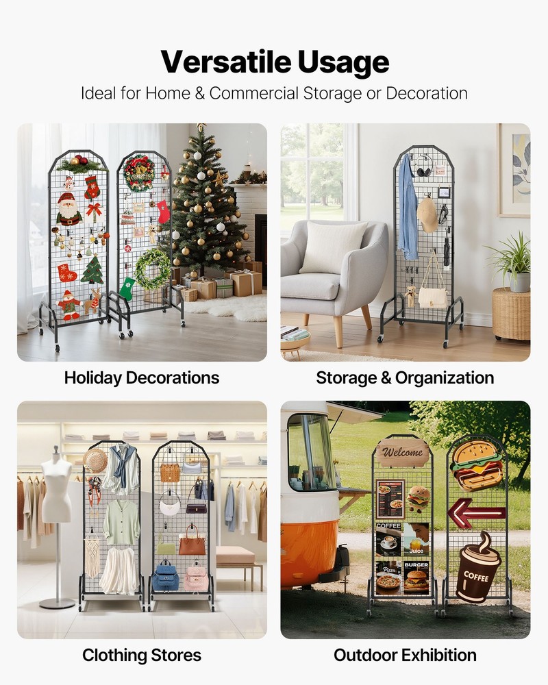 VEVOR 2 Pack Grid Wall Panel 1.9 x 5.4 ft Wire Display Rack with Wheels & Hooks