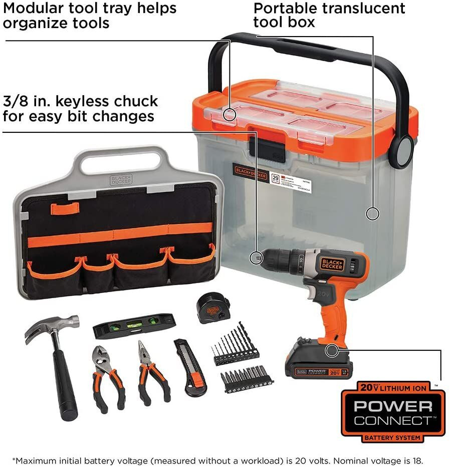 BLACK+DECKER 20v 29PC PK in Translucent Tool Box - BCKSB29C1